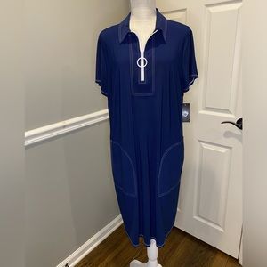 MSK Women Navy Dress White Zipper Stitching 2X Side Pockets Collar New with Tags